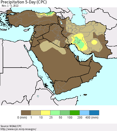 Middle East and Turkey Precipitation 5-Day (CPC) Thematic Map For 11/1/2022 - 11/5/2022