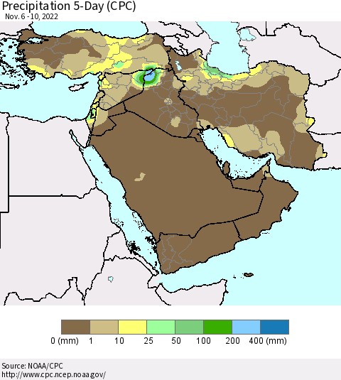Middle East and Turkey Precipitation 5-Day (CPC) Thematic Map For 11/6/2022 - 11/10/2022
