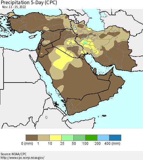 Middle East and Turkey Precipitation 5-Day (CPC) Thematic Map For 11/11/2022 - 11/15/2022