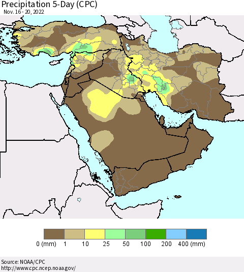 Middle East and Turkey Precipitation 5-Day (CPC) Thematic Map For 11/16/2022 - 11/20/2022