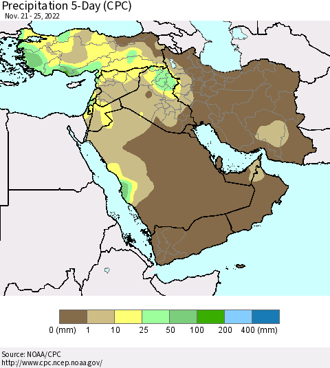 Middle East and Turkey Precipitation 5-Day (CPC) Thematic Map For 11/21/2022 - 11/25/2022