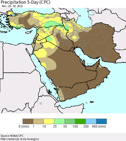 Middle East and Turkey Precipitation 5-Day (CPC) Thematic Map For 11/26/2022 - 11/30/2022
