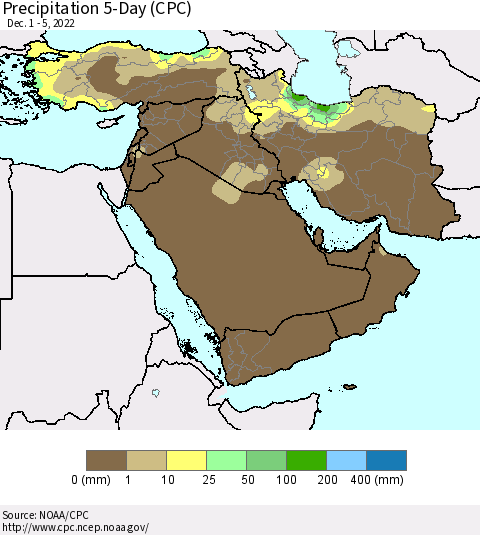 Middle East and Turkey Precipitation 5-Day (CPC) Thematic Map For 12/1/2022 - 12/5/2022