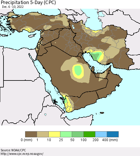 Middle East and Turkey Precipitation 5-Day (CPC) Thematic Map For 12/6/2022 - 12/10/2022