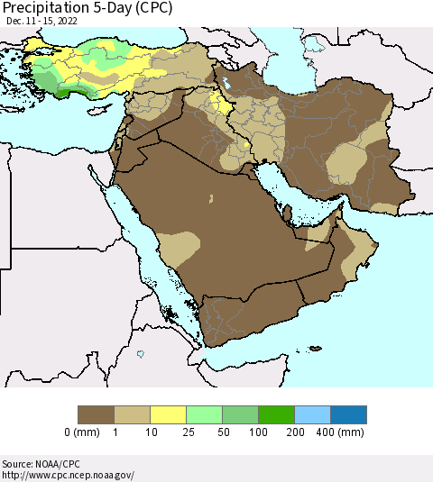 Middle East and Turkey Precipitation 5-Day (CPC) Thematic Map For 12/11/2022 - 12/15/2022