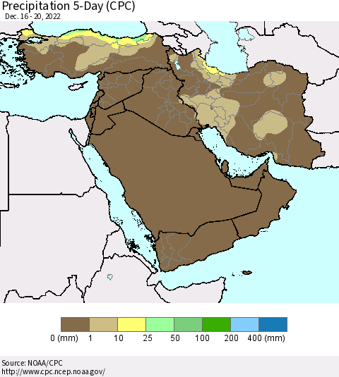 Middle East and Turkey Precipitation 5-Day (CPC) Thematic Map For 12/16/2022 - 12/20/2022