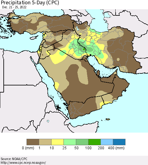 Middle East and Turkey Precipitation 5-Day (CPC) Thematic Map For 12/21/2022 - 12/25/2022