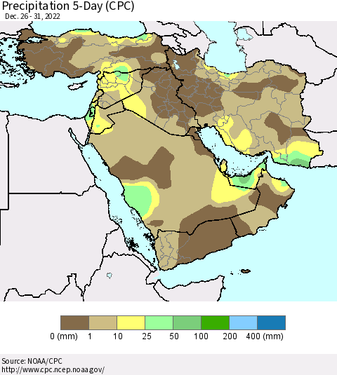 Middle East and Turkey Precipitation 5-Day (CPC) Thematic Map For 12/26/2022 - 12/31/2022