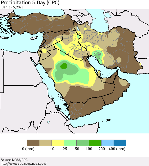 Middle East and Turkey Precipitation 5-Day (CPC) Thematic Map For 1/1/2023 - 1/5/2023