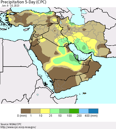 Middle East and Turkey Precipitation 5-Day (CPC) Thematic Map For 1/6/2023 - 1/10/2023