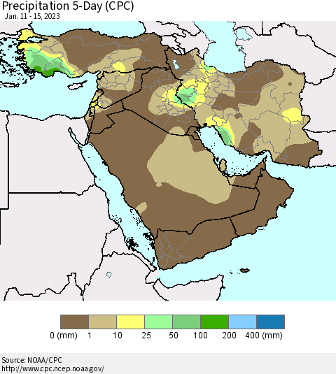 Middle East and Turkey Precipitation 5-Day (CPC) Thematic Map For 1/11/2023 - 1/15/2023