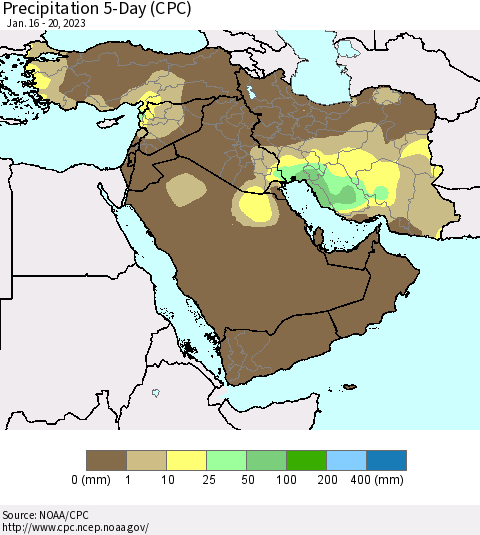 Middle East and Turkey Precipitation 5-Day (CPC) Thematic Map For 1/16/2023 - 1/20/2023