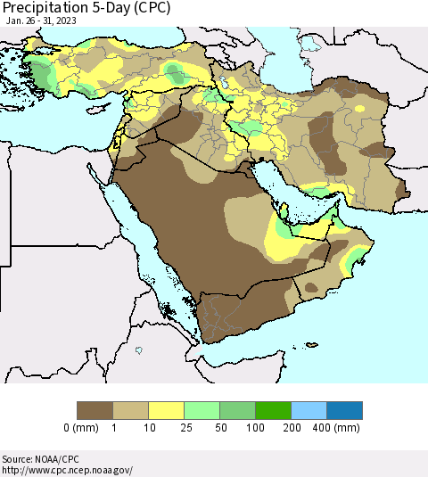 Middle East and Turkey Precipitation 5-Day (CPC) Thematic Map For 1/26/2023 - 1/31/2023