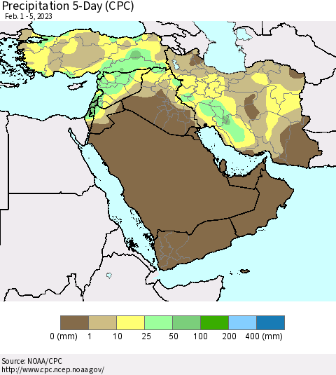 Middle East and Turkey Precipitation 5-Day (CPC) Thematic Map For 2/1/2023 - 2/5/2023