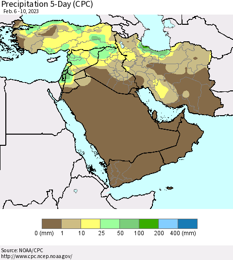 Middle East and Turkey Precipitation 5-Day (CPC) Thematic Map For 2/6/2023 - 2/10/2023