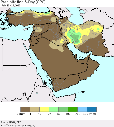 Middle East and Turkey Precipitation 5-Day (CPC) Thematic Map For 2/11/2023 - 2/15/2023