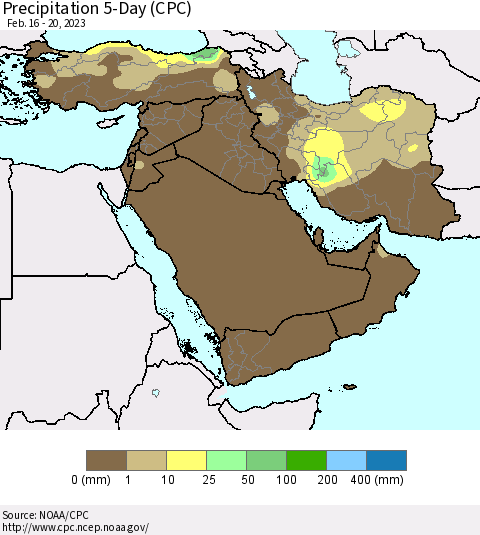Middle East and Turkey Precipitation 5-Day (CPC) Thematic Map For 2/16/2023 - 2/20/2023