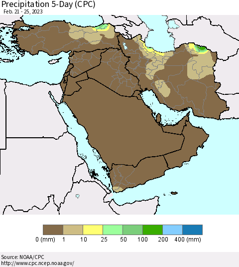 Middle East and Turkey Precipitation 5-Day (CPC) Thematic Map For 2/21/2023 - 2/25/2023