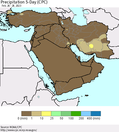 Middle East and Turkey Precipitation 5-Day (CPC) Thematic Map For 2/26/2023 - 2/28/2023