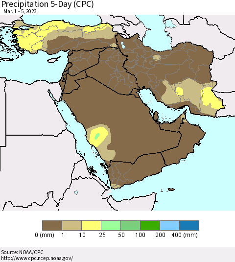 Middle East and Turkey Precipitation 5-Day (CPC) Thematic Map For 3/1/2023 - 3/5/2023