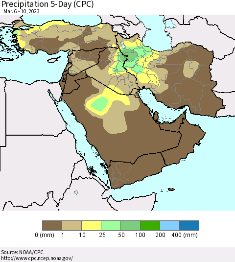 Middle East and Turkey Precipitation 5-Day (CPC) Thematic Map For 3/6/2023 - 3/10/2023