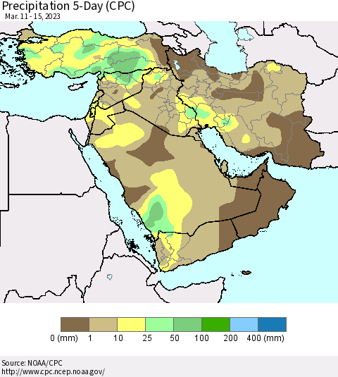 Middle East and Turkey Precipitation 5-Day (CPC) Thematic Map For 3/11/2023 - 3/15/2023