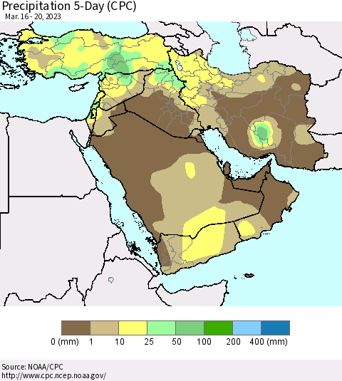 Middle East and Turkey Precipitation 5-Day (CPC) Thematic Map For 3/16/2023 - 3/20/2023