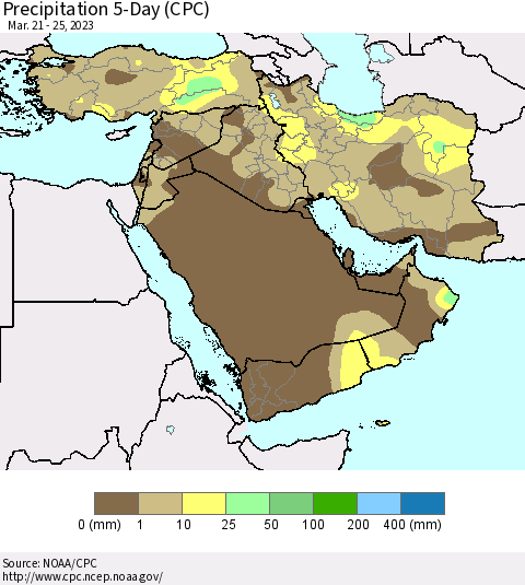 Middle East and Turkey Precipitation 5-Day (CPC) Thematic Map For 3/21/2023 - 3/25/2023