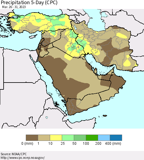 Middle East and Turkey Precipitation 5-Day (CPC) Thematic Map For 3/26/2023 - 3/31/2023
