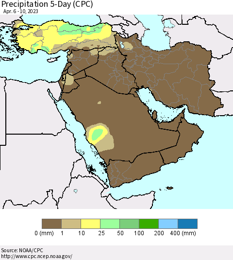 Middle East and Turkey Precipitation 5-Day (CPC) Thematic Map For 4/6/2023 - 4/10/2023
