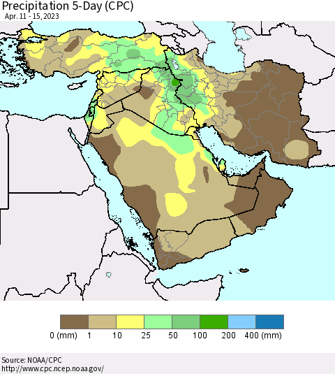 Middle East and Turkey Precipitation 5-Day (CPC) Thematic Map For 4/11/2023 - 4/15/2023
