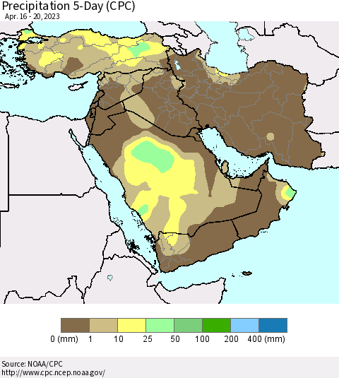 Middle East and Turkey Precipitation 5-Day (CPC) Thematic Map For 4/16/2023 - 4/20/2023