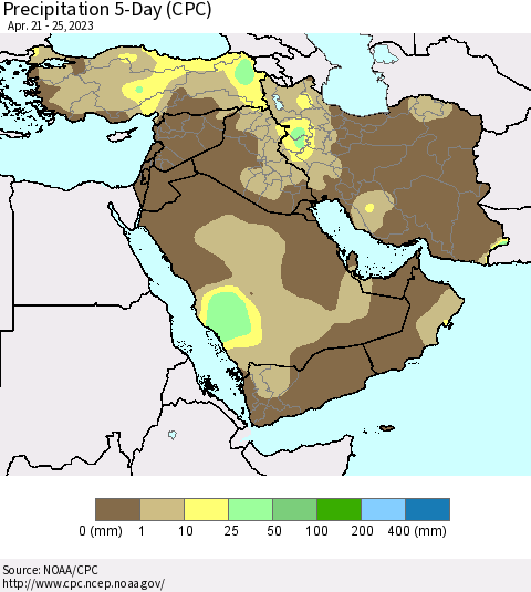Middle East and Turkey Precipitation 5-Day (CPC) Thematic Map For 4/21/2023 - 4/25/2023