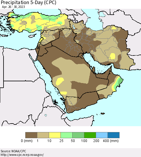 Middle East and Turkey Precipitation 5-Day (CPC) Thematic Map For 4/26/2023 - 4/30/2023