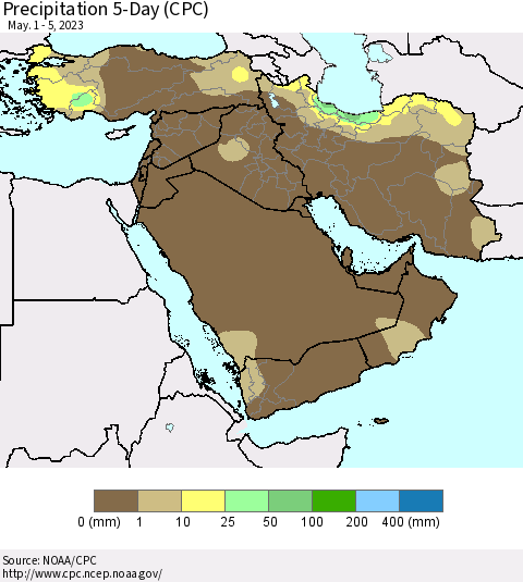 Middle East and Turkey Precipitation 5-Day (CPC) Thematic Map For 5/1/2023 - 5/5/2023