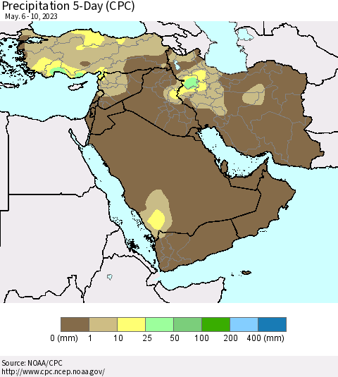 Middle East and Turkey Precipitation 5-Day (CPC) Thematic Map For 5/6/2023 - 5/10/2023