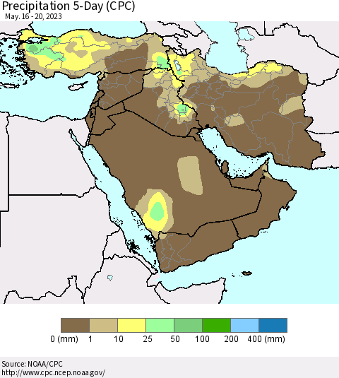 Middle East and Turkey Precipitation 5-Day (CPC) Thematic Map For 5/16/2023 - 5/20/2023