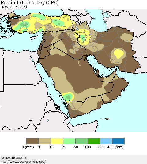 Middle East and Turkey Precipitation 5-Day (CPC) Thematic Map For 5/21/2023 - 5/25/2023
