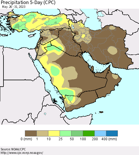 Middle East and Turkey Precipitation 5-Day (CPC) Thematic Map For 5/26/2023 - 5/31/2023