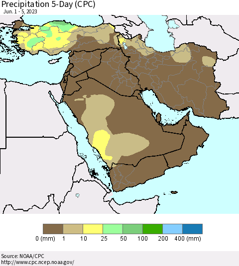 Middle East and Turkey Precipitation 5-Day (CPC) Thematic Map For 6/1/2023 - 6/5/2023