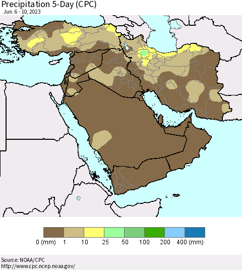 Middle East and Turkey Precipitation 5-Day (CPC) Thematic Map For 6/6/2023 - 6/10/2023