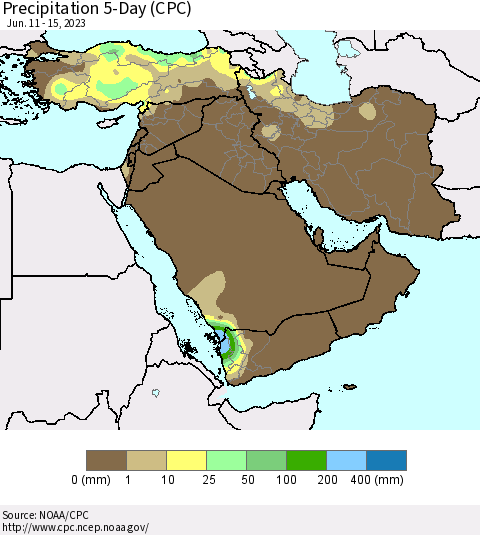 Middle East and Turkey Precipitation 5-Day (CPC) Thematic Map For 6/11/2023 - 6/15/2023