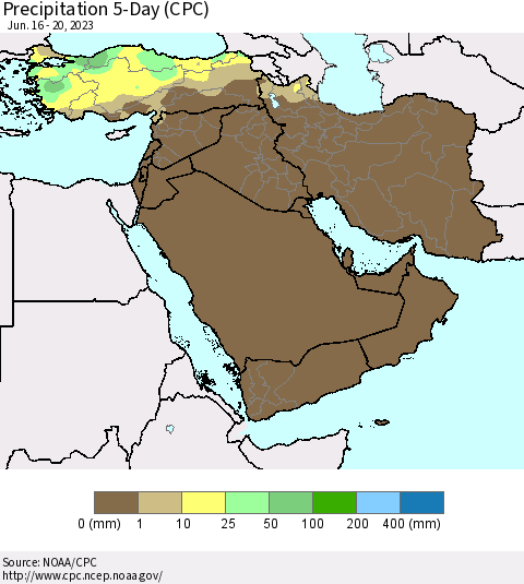 Middle East and Turkey Precipitation 5-Day (CPC) Thematic Map For 6/16/2023 - 6/20/2023