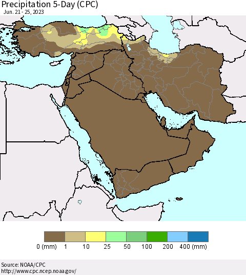 Middle East and Turkey Precipitation 5-Day (CPC) Thematic Map For 6/21/2023 - 6/25/2023