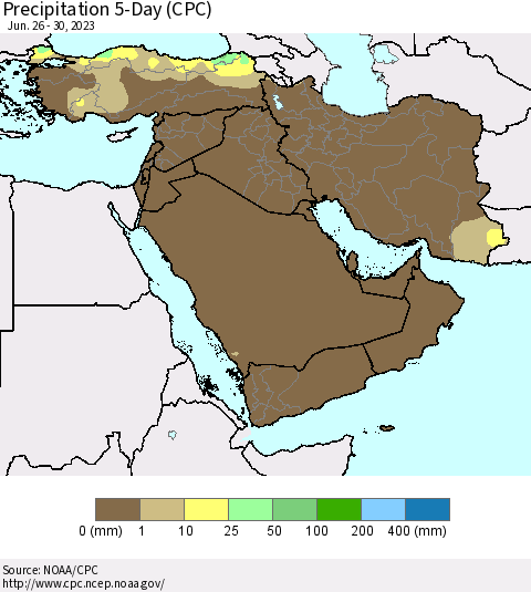 Middle East and Turkey Precipitation 5-Day (CPC) Thematic Map For 6/26/2023 - 6/30/2023