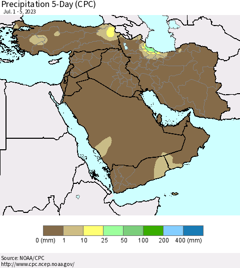 Middle East and Turkey Precipitation 5-Day (CPC) Thematic Map For 7/1/2023 - 7/5/2023