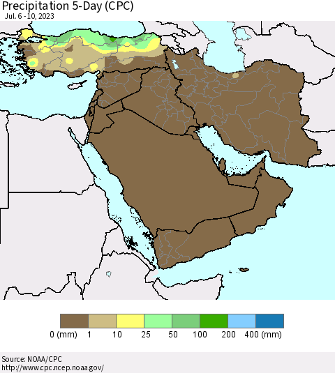 Middle East and Turkey Precipitation 5-Day (CPC) Thematic Map For 7/6/2023 - 7/10/2023