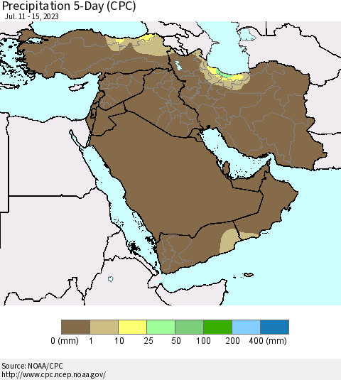 Middle East and Turkey Precipitation 5-Day (CPC) Thematic Map For 7/11/2023 - 7/15/2023