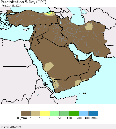 Middle East and Turkey Precipitation 5-Day (CPC) Thematic Map For 8/21/2023 - 8/25/2023