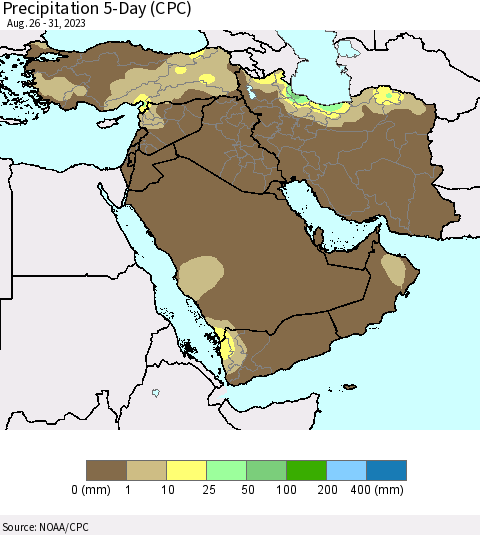 Middle East and Turkey Precipitation 5-Day (CPC) Thematic Map For 8/26/2023 - 8/31/2023